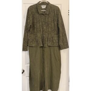 VTG Flax Shirt Dress MED Green Corduroy‎ Floral Embroidery 100% Cotton Lagenlook